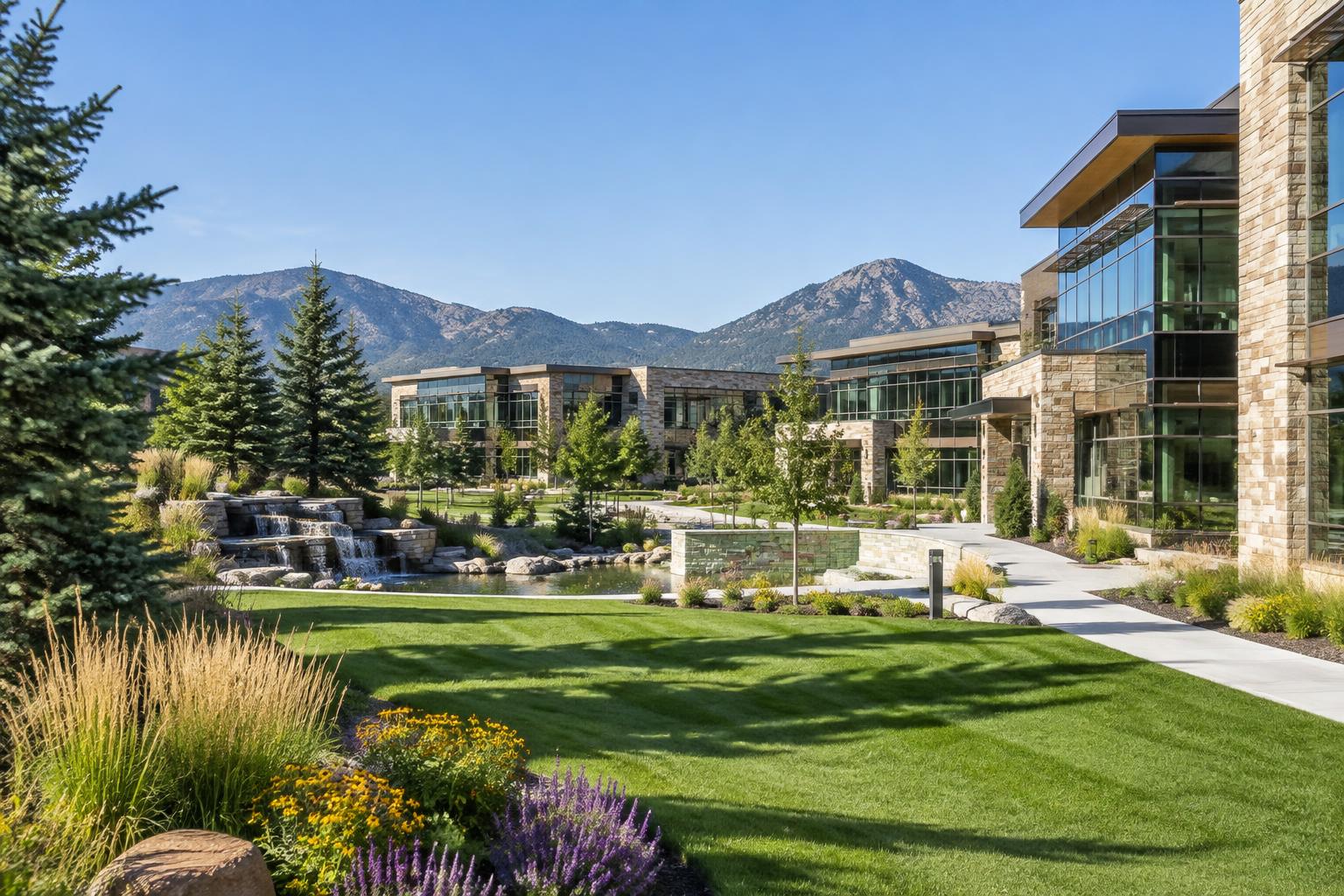 Professionally maintained commercial campus landscaping in Colorado